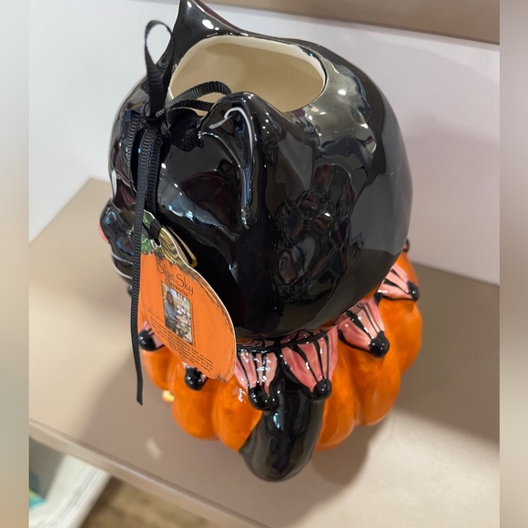 Halloween Black Cat Jack o’lantern Ceramic Tea Light Holder Blue Sky Ceramic NWT - Picture 6 of 7